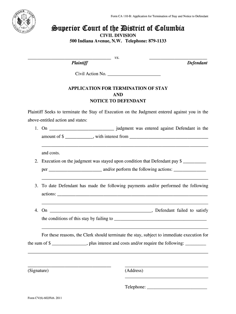 Application for Termination of Stay and Notice to Defendant Form CA 110 B DOCX