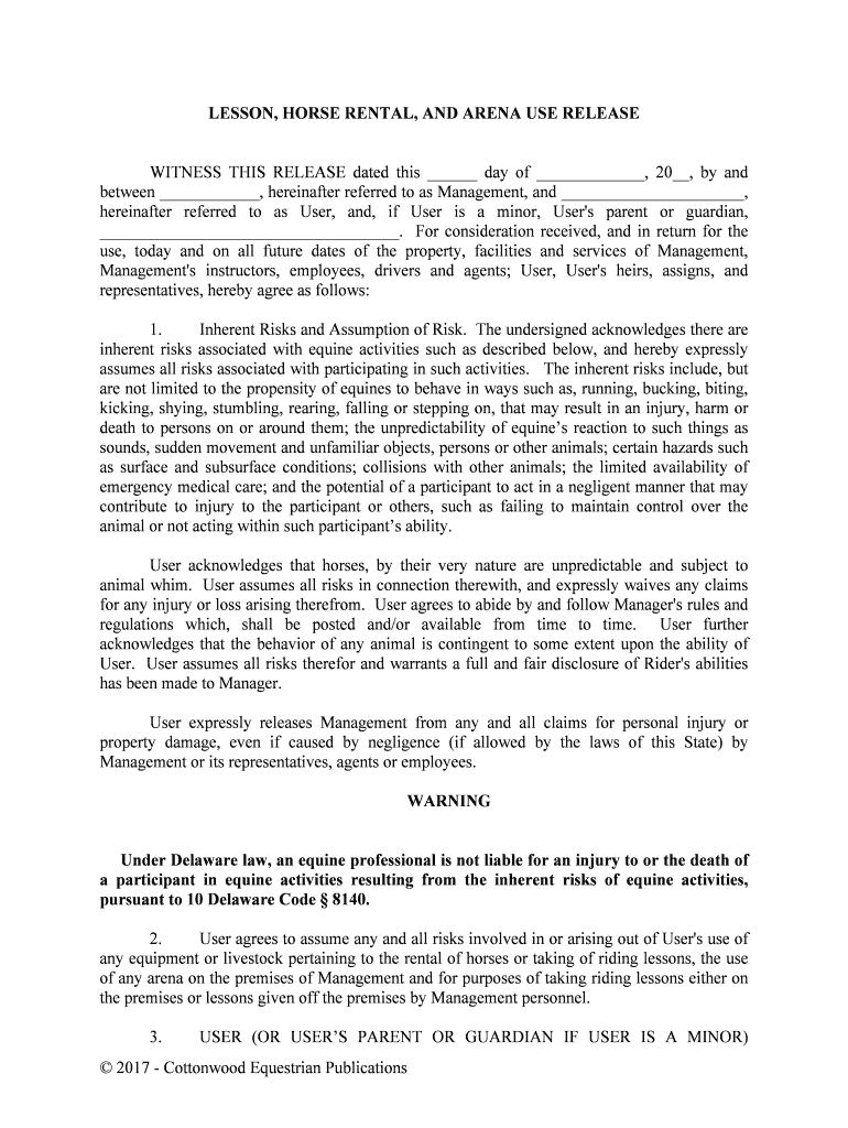 Under Delaware Law, an Equine Professional is Not Liable for an Injury to or the Death of  Form