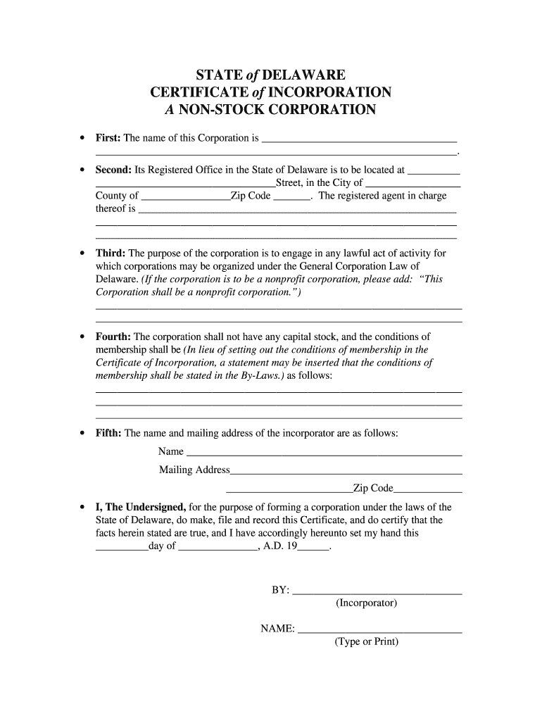 Certificate of Incorporation State of Delaware  Form