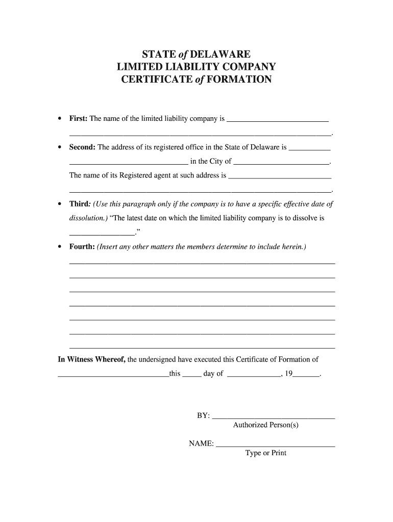 Certificate of Formation State of Delaware