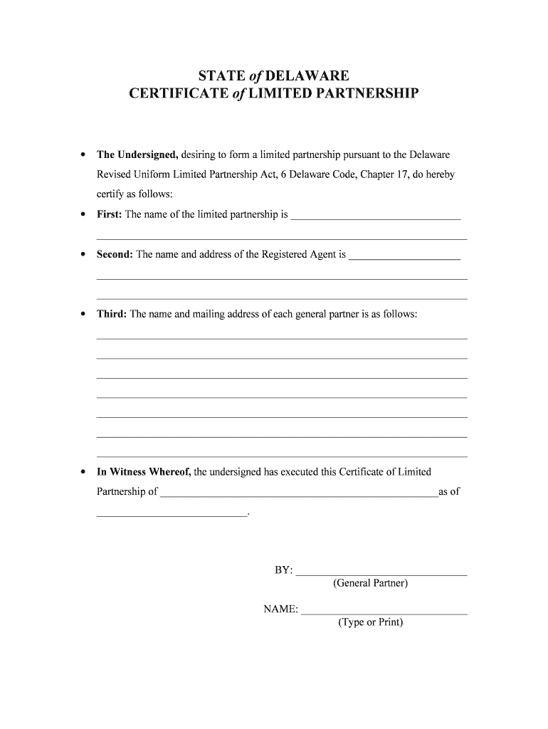 Certificate of Limited Partnership State of Delaware  Form