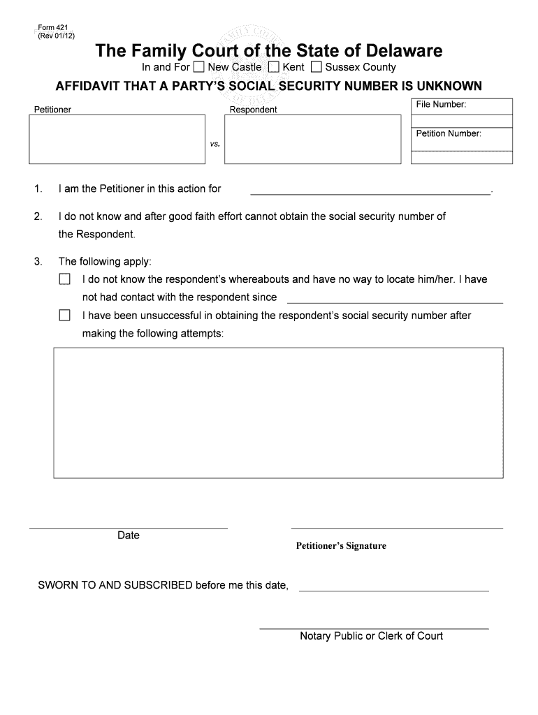 AFFIDAVIT that a PARTYS SOCIAL SECURITY NUMBER is UNKNOWN  Form