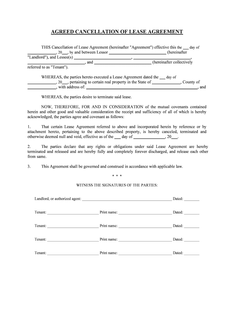 Lease Cancellation Agreement Legal Forms