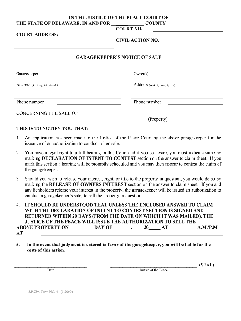 Garagekeeper's Liens Justice of the Peace Court Delaware  Form
