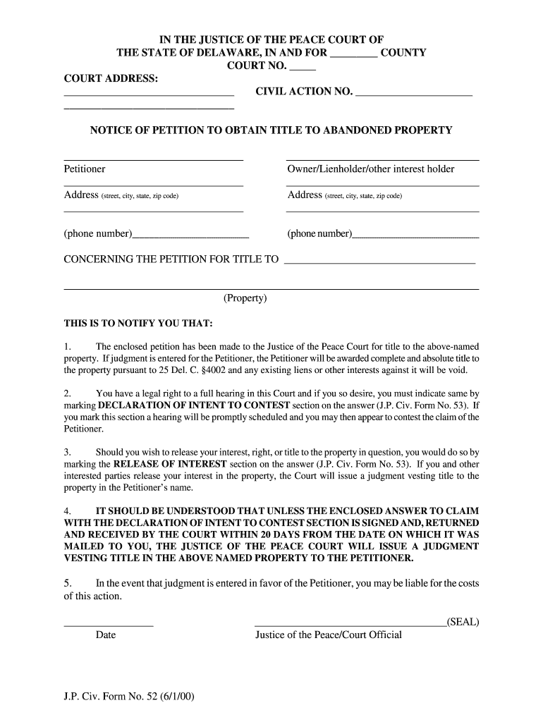 NOTICE of PETITION to OBTAIN TITLE to ABANDONED PROPERTY  Form