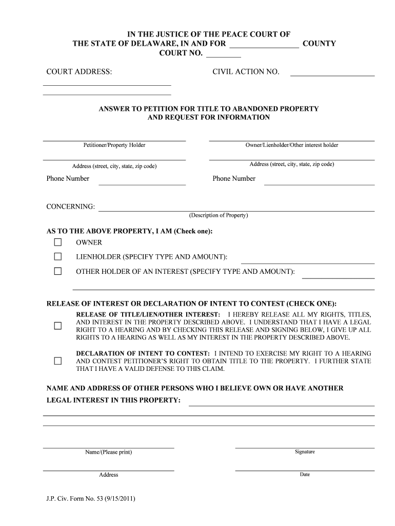 To Obtain Title to Abandoned Property Delaware Courts  Form