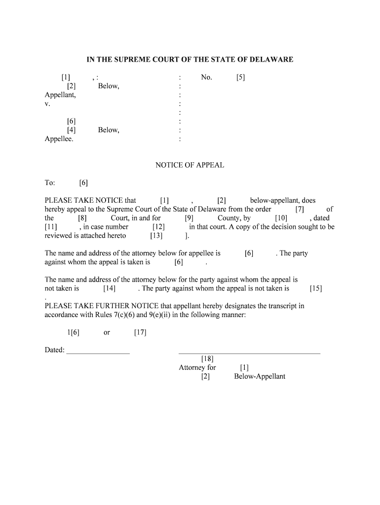 Notice of Appeal from Interlocutory Order Delaware Courts  Form