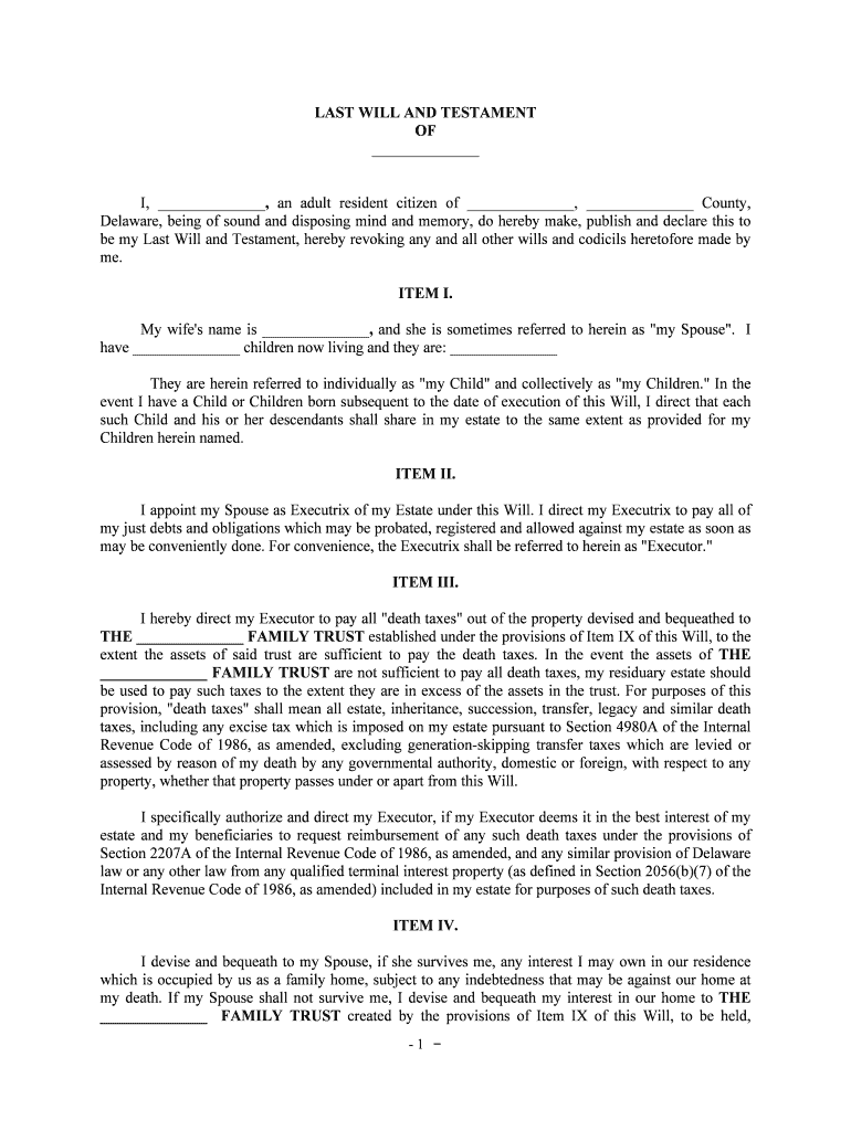 Delaware Last Will &amp;amp; Testament Married, Adult Children  Form