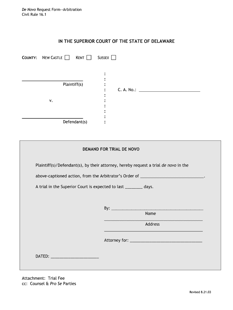 De Novo Request Form Arbitration