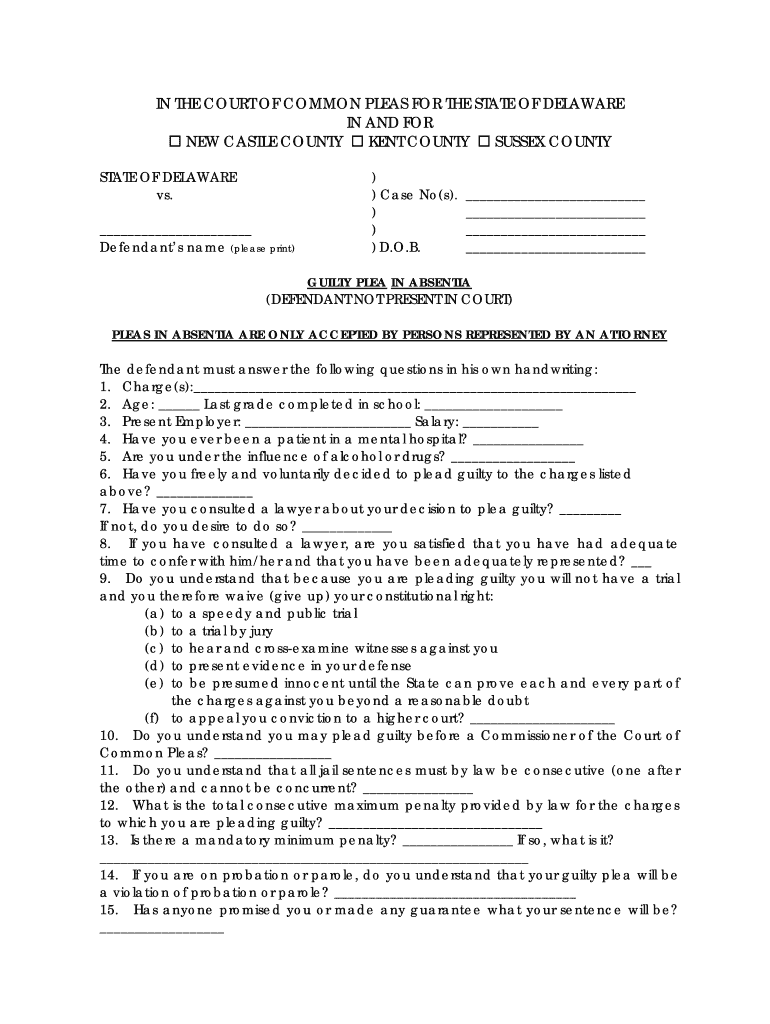 Court of Common Pleas Kent County State of Delaware  Form