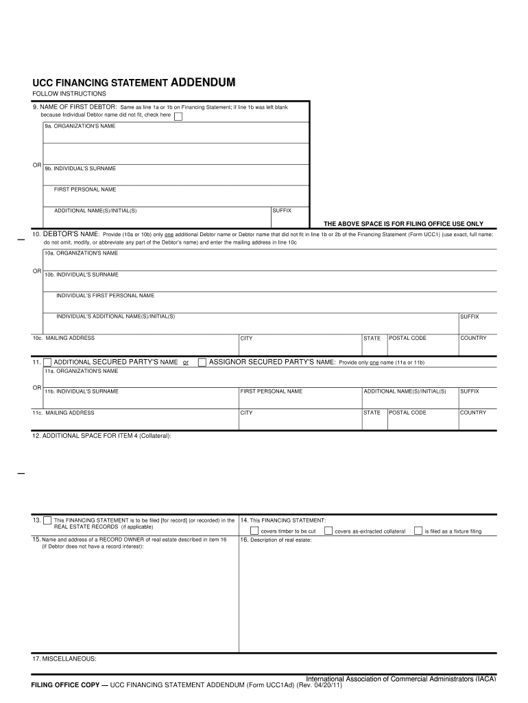 UCC FINANCING STATEMENT ADDENDUM UCC 1Ad  Form