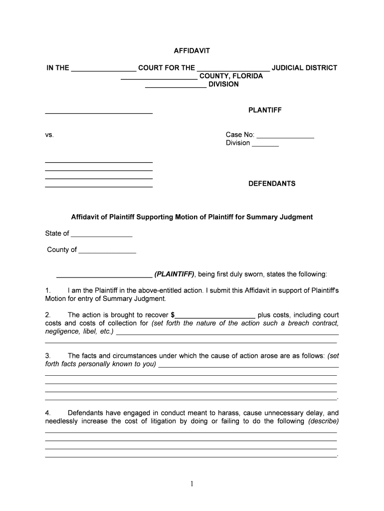 Affidavit Supporting Motion for Summary JudgmentBy PlaintiffGeneral Form