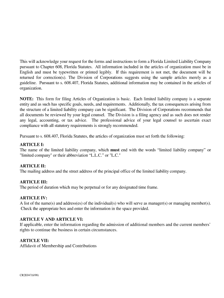 This Will Acknowledge Your Request for the Forms and Instructions to Form a Florida Limited Liability Company