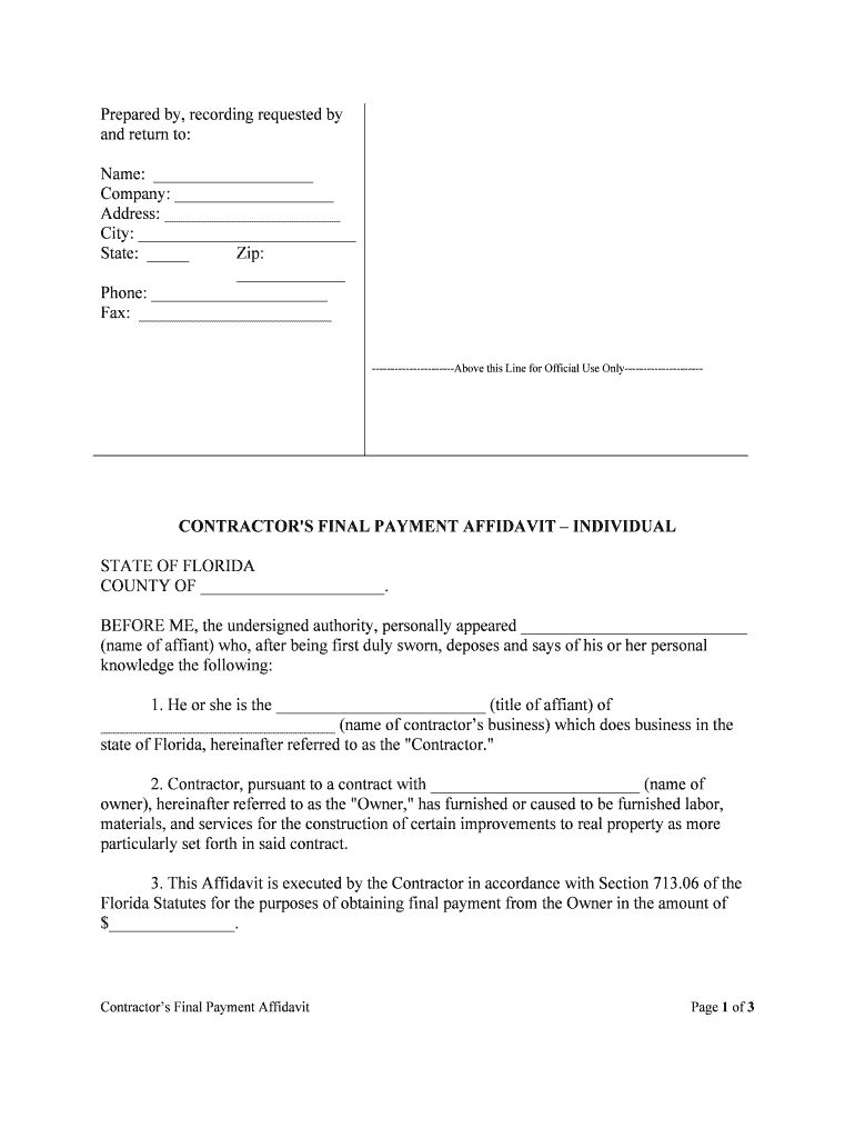 CONTRACTOR'S FINAL PAYMENT AFFIDAVIT INDIVIDUAL  Form