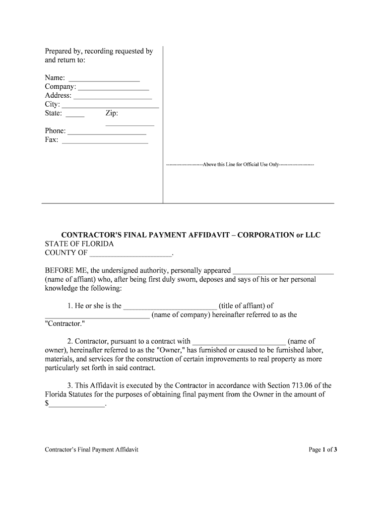 CONTRACTOR'S FINAL PAYMENT AFFIDAVIT CORPORATION or LLC  Form