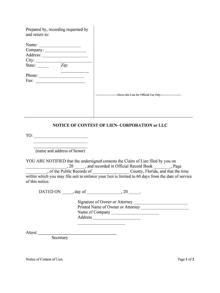 NOTICE of CONTEST of LIEN CORPORATION or LLC  Form