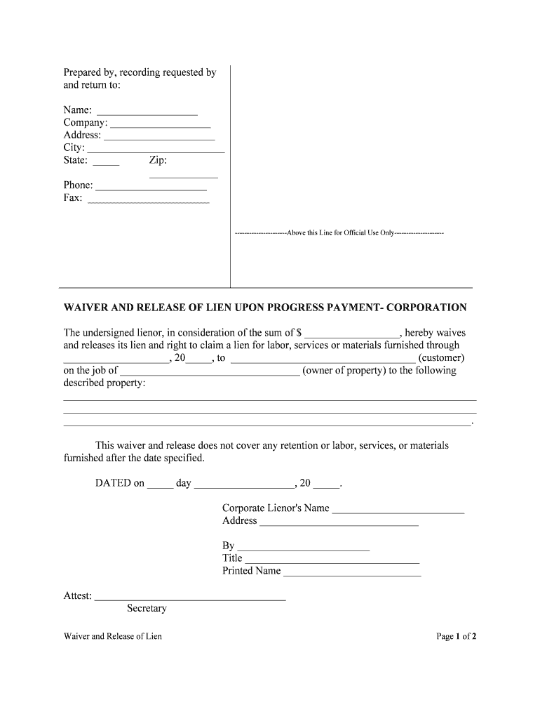 WAIVER and RELEASE of LIEN UPON PROGRESS PAYMENT CORPORATION  Form