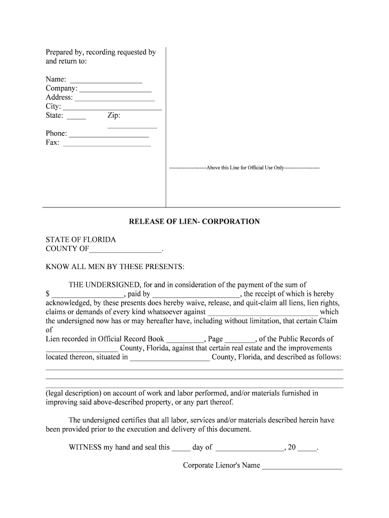 RELEASE of LIEN CORPORATION Form