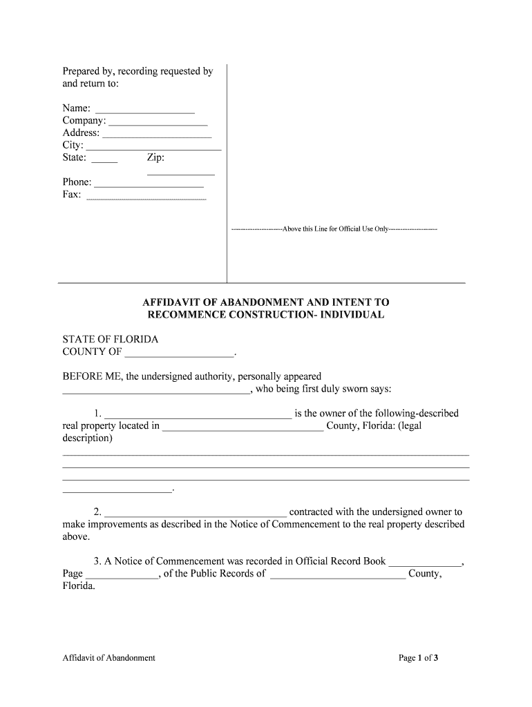 AFFIDAVIT of ABANDONMENT and INTENT to  Form