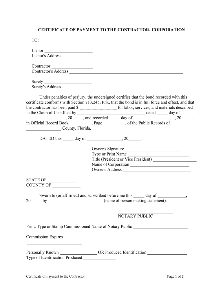 CERTIFICATE of PAYMENT to the CONTRACTOR  Form