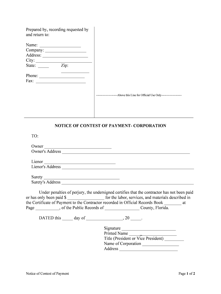 NOTICE of CONTEST of PAYMENT CORPORATION  Form