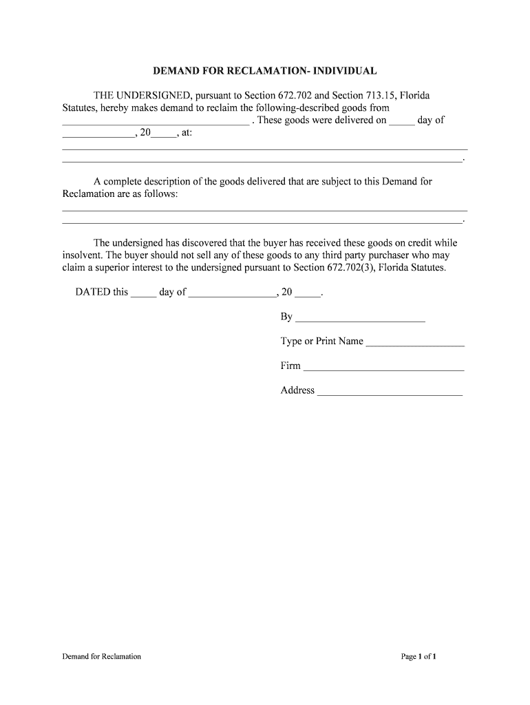 DEMAND for RECLAMATION INDIVIDUAL  Form