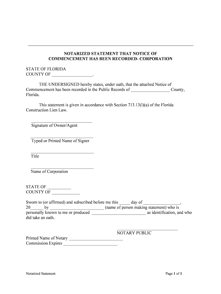 NOTARIZED STATEMENT that NOTICE of  Form