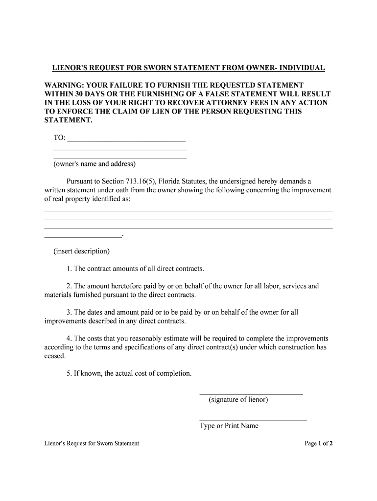 LIENOR'S REQUEST for SWORN STATEMENT from OWNER INDIVIDUAL  Form
