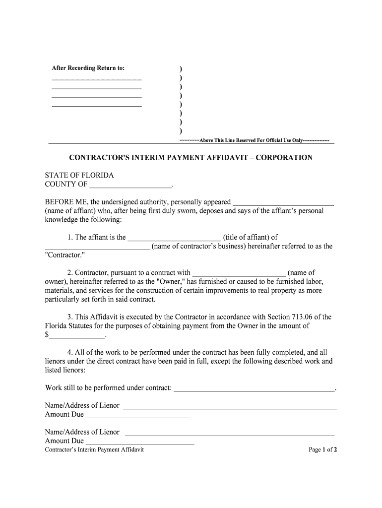 CONTRACTOR'S INTERIM PAYMENT AFFIDAVIT CORPORATION  Form