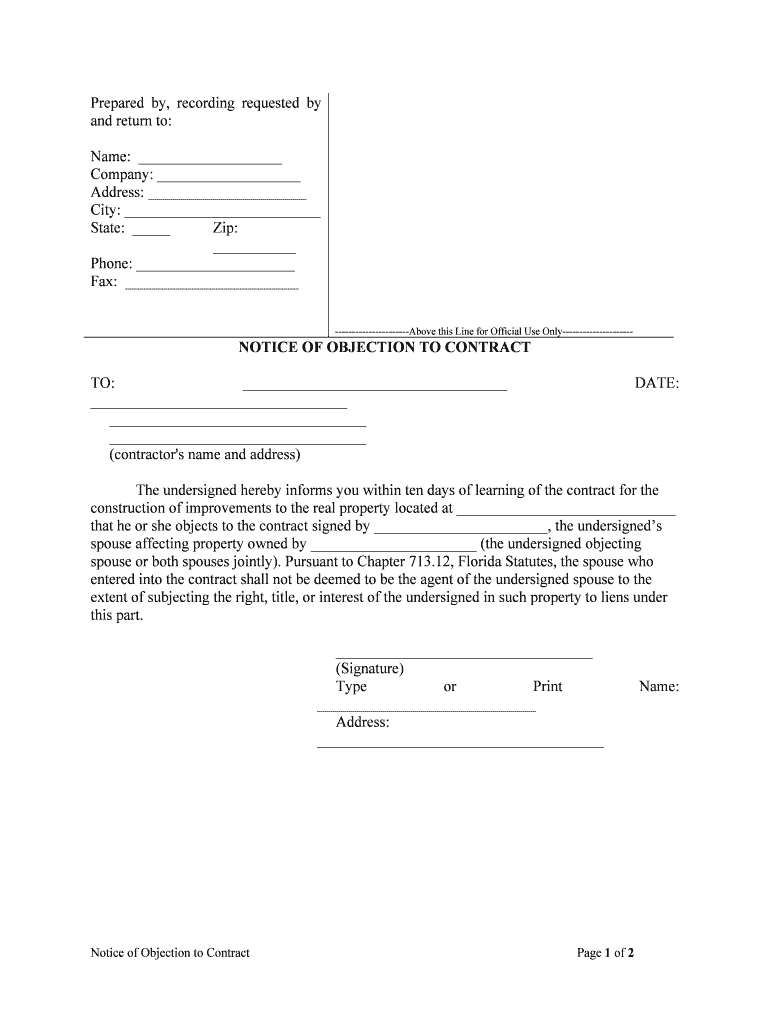 NOTICE of OBJECTION to CONTRACT  Form