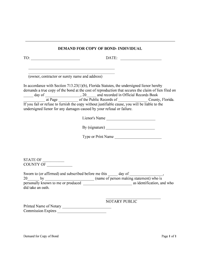 DEMAND for COPY of BOND INDIVIDUAL  Form