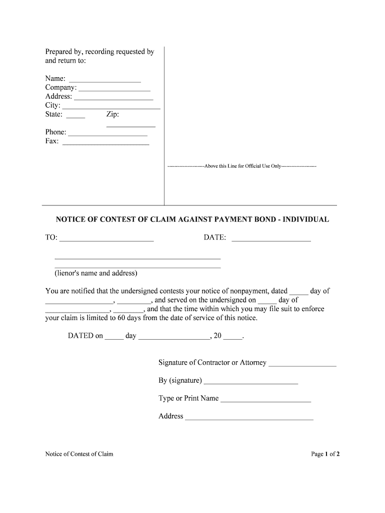 NOTICE of CONTEST of CLAIM AGAINST PAYMENT BOND INDIVIDUAL  Form