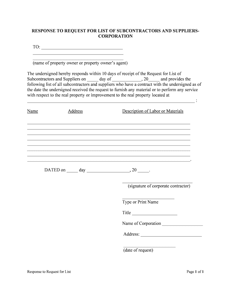 RESPONSE to REQUEST for LIST of SUBCONTRACTORS and SUPPLIERSCORPORATION  Form