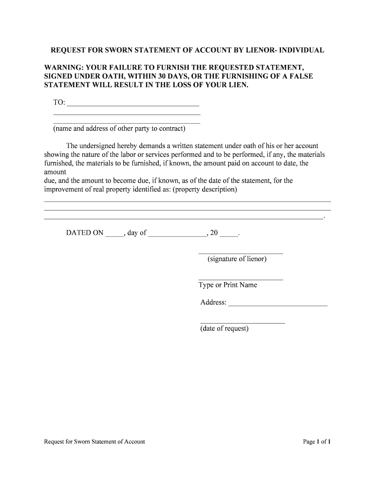 Request for Sworn Statement of Account to Lienor FORM