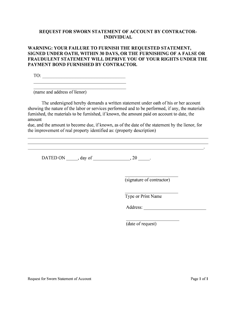 REQUEST for SWORN STATEMENT of ACCOUNT by CONTRACTOR INDIVIDUAL  Form