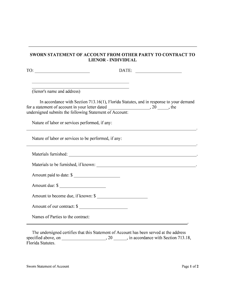 SWORN STATEMENT of ACCOUNT from OTHER PARTY to CONTRACT to  Form