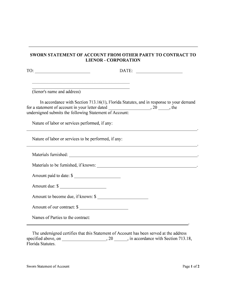 SWORN STATEMENT of ACCOUNT from PARTY to CONTRACT to LIENOR INDIVIDUAL  Form