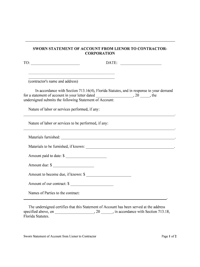 SWORN STATEMENT of ACCOUNT from LIENOR to CONTRACTORCORPORATION  Form