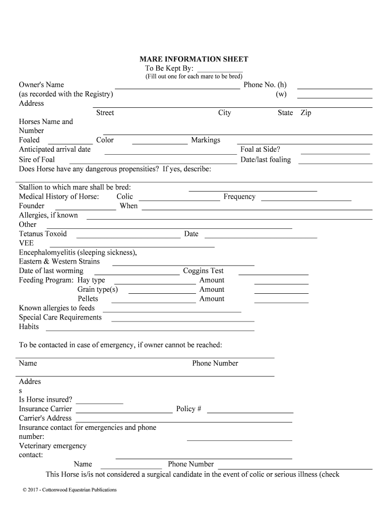 Fill Out One for Each Mare to Be Bred  Form