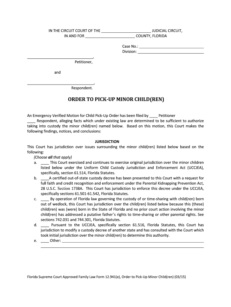 Emergency Verified Motion for Child Pick Up Order Packet 11  Form