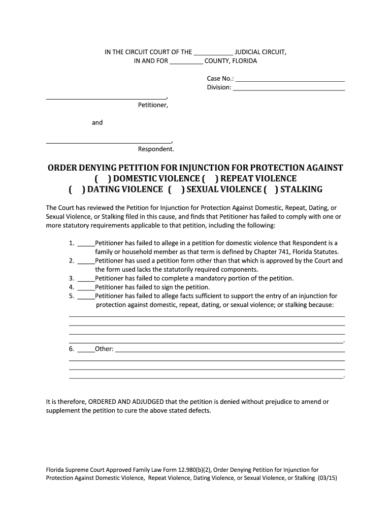 Order Denying Petition for Injunction for Protection Against  Form