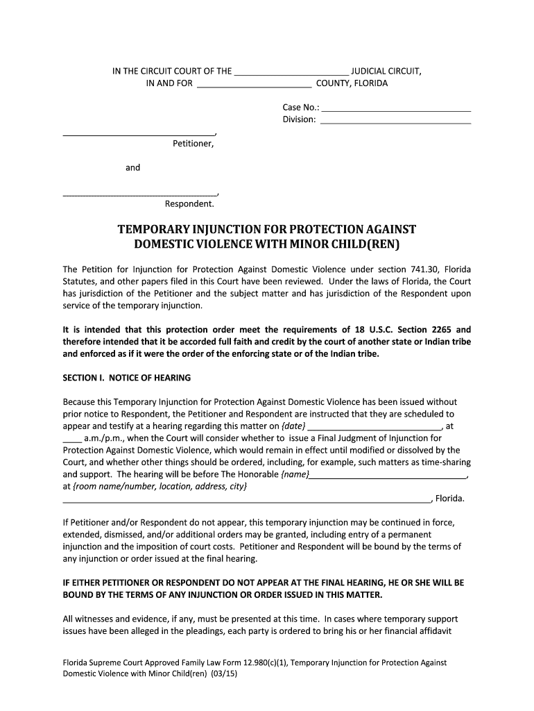 Florida Supreme Court Approved Family Law Form 12 980c1, Temporary Injunction for Protection Against Domestic Violence with Mino