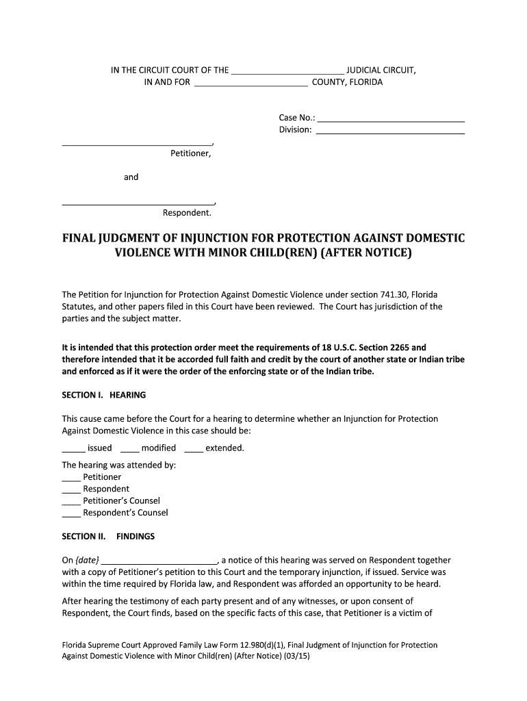 Florida Supreme Court Approved Family Law Form 12 980d1, Final Judgment of Injunction for Protection Against Domestic Violence W