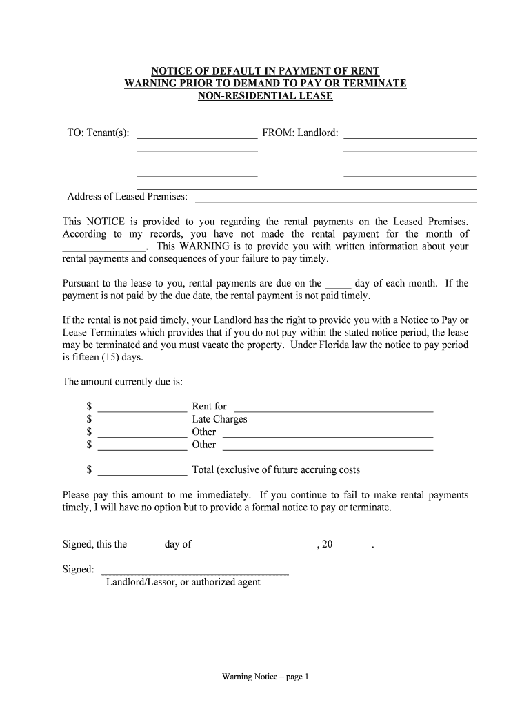 Notice of Default in Payment of Rent as Warning Prior to  Form