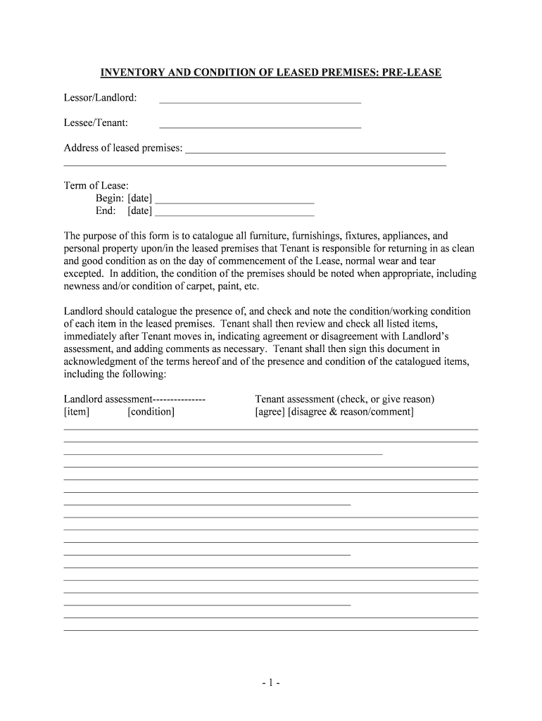 Landlord Should Catalogue the Presence Of, and Check and Note the Conditionworking Condition  Form