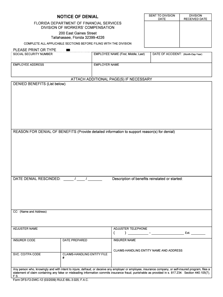 NOTICE of DENIAL Florida Department of Financial Services  Form