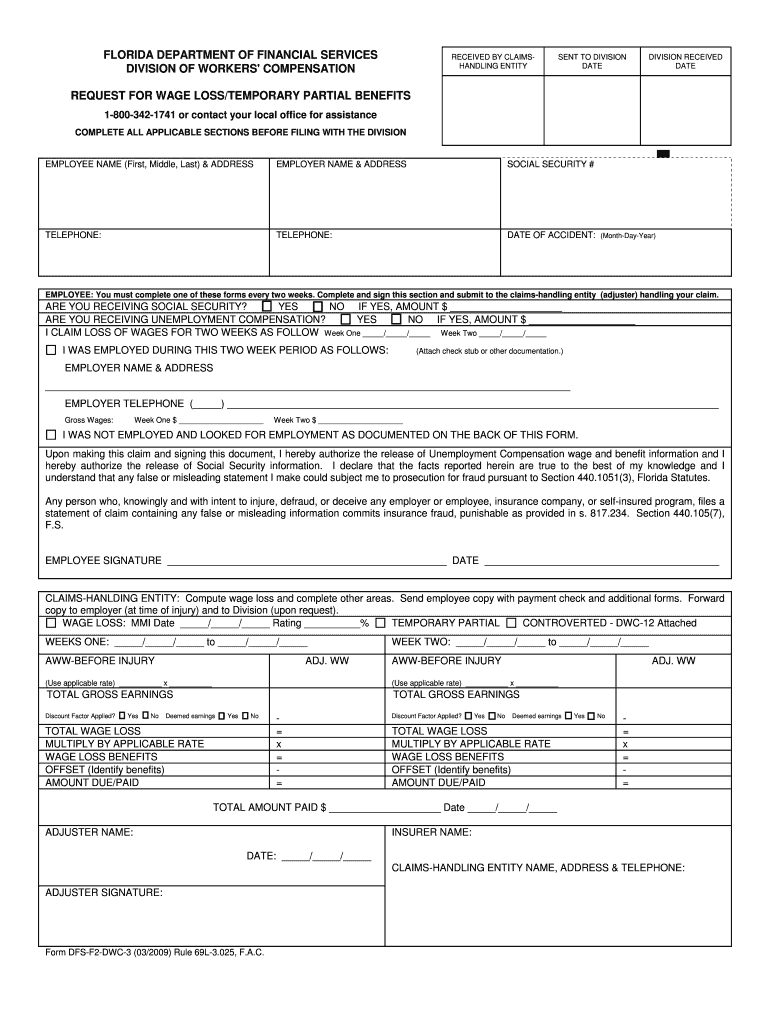 DFS F2 DWC 3 Request for Wage LossTemporary Partial Benefits  Form