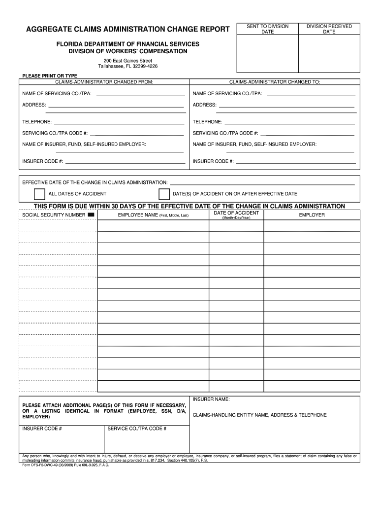 DFS F2 DWC 49 Aggregate Claims Administration Change Report  Form