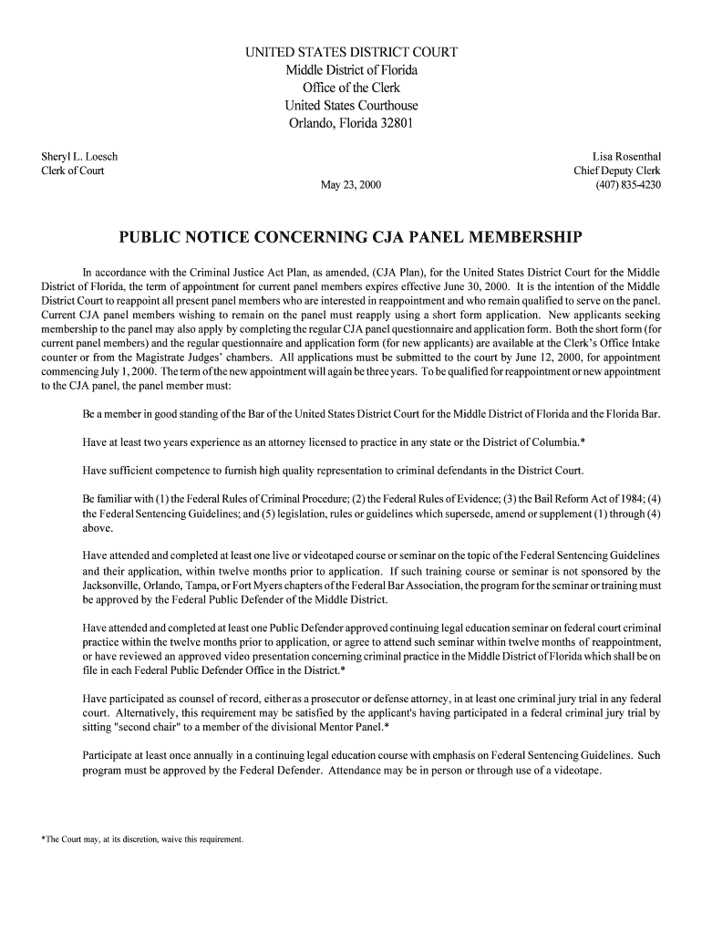 In Accordance with the Criminal Justice Act Plan, as Amended, CJA Plan, for the United States District Court for the Middle  Form