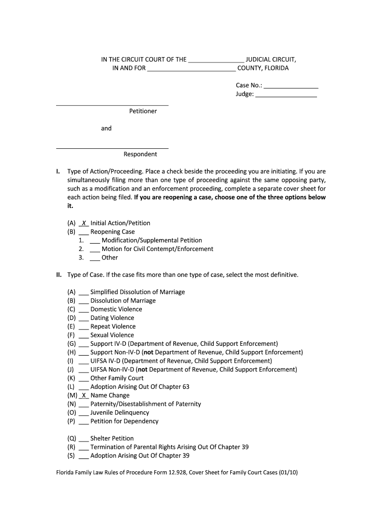 Florida Family Law Rules of Procedure Form 12 928, Cover